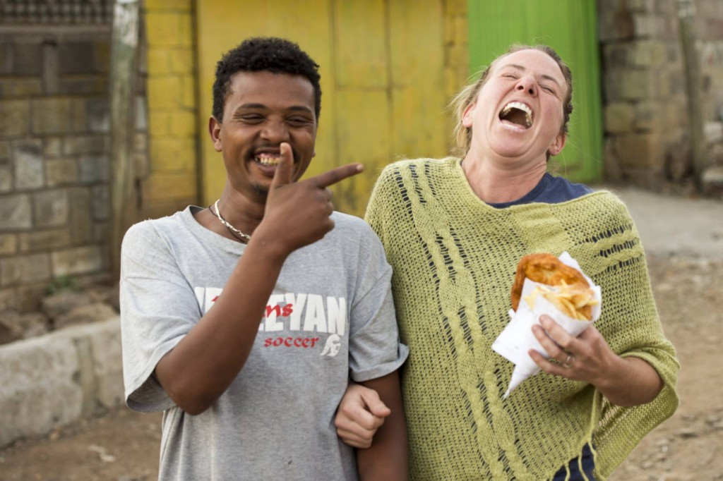 Alyssa Bray with a new-found friend in Ethiopia.