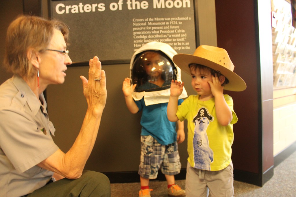Tommy and Danny earning their Junior Ranger badges at Crators of the Moon National Park.